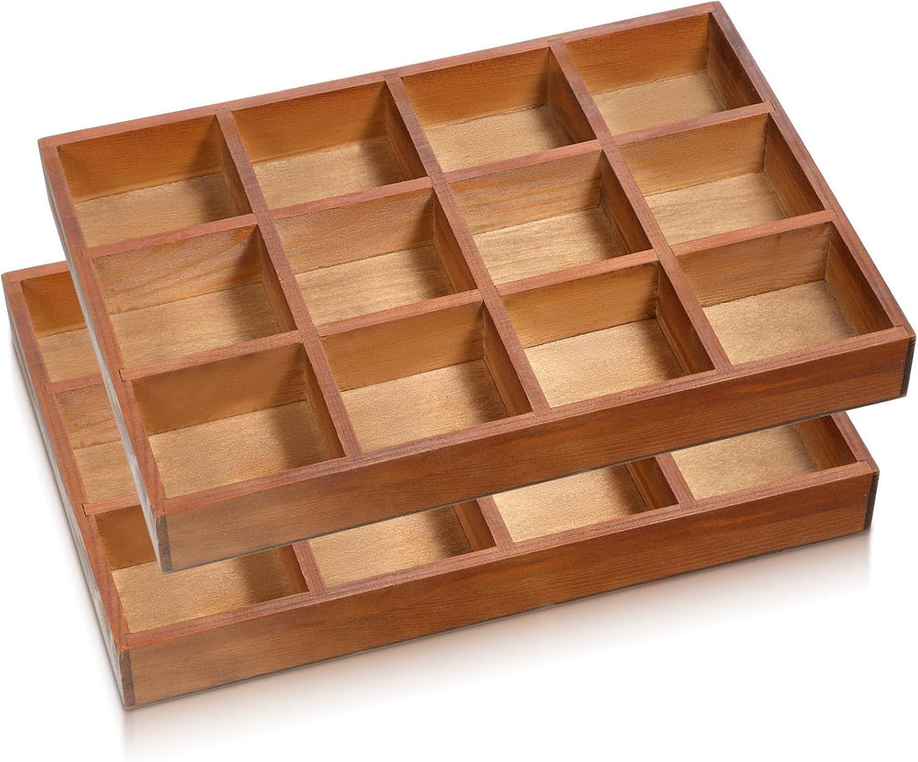 2 Pack Wooden Storage Divider Box Wood Divided Organizer, Divided