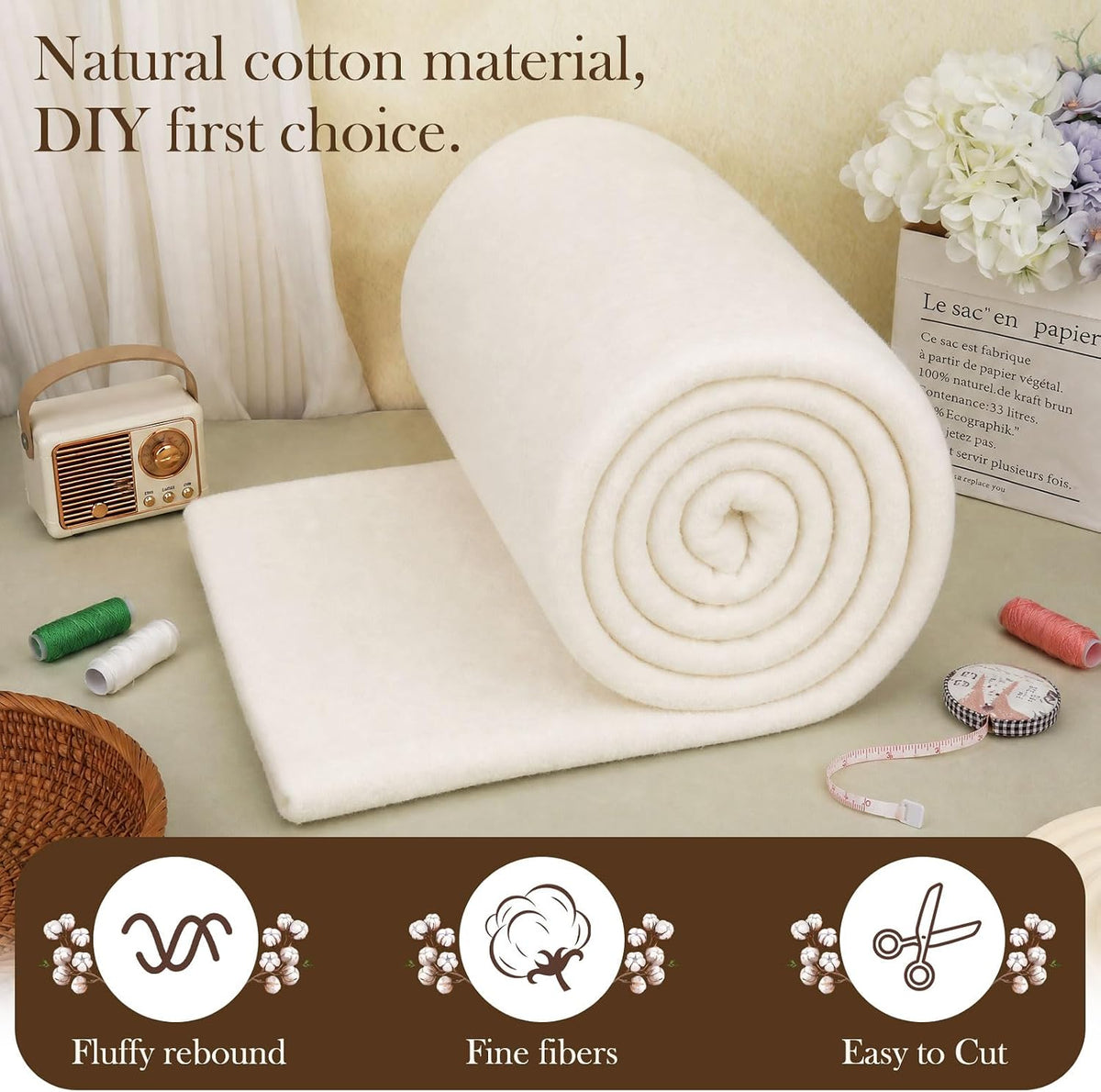 FTEVEN Natural Cotton Batting for Quilting 90" x 90" Queen Size