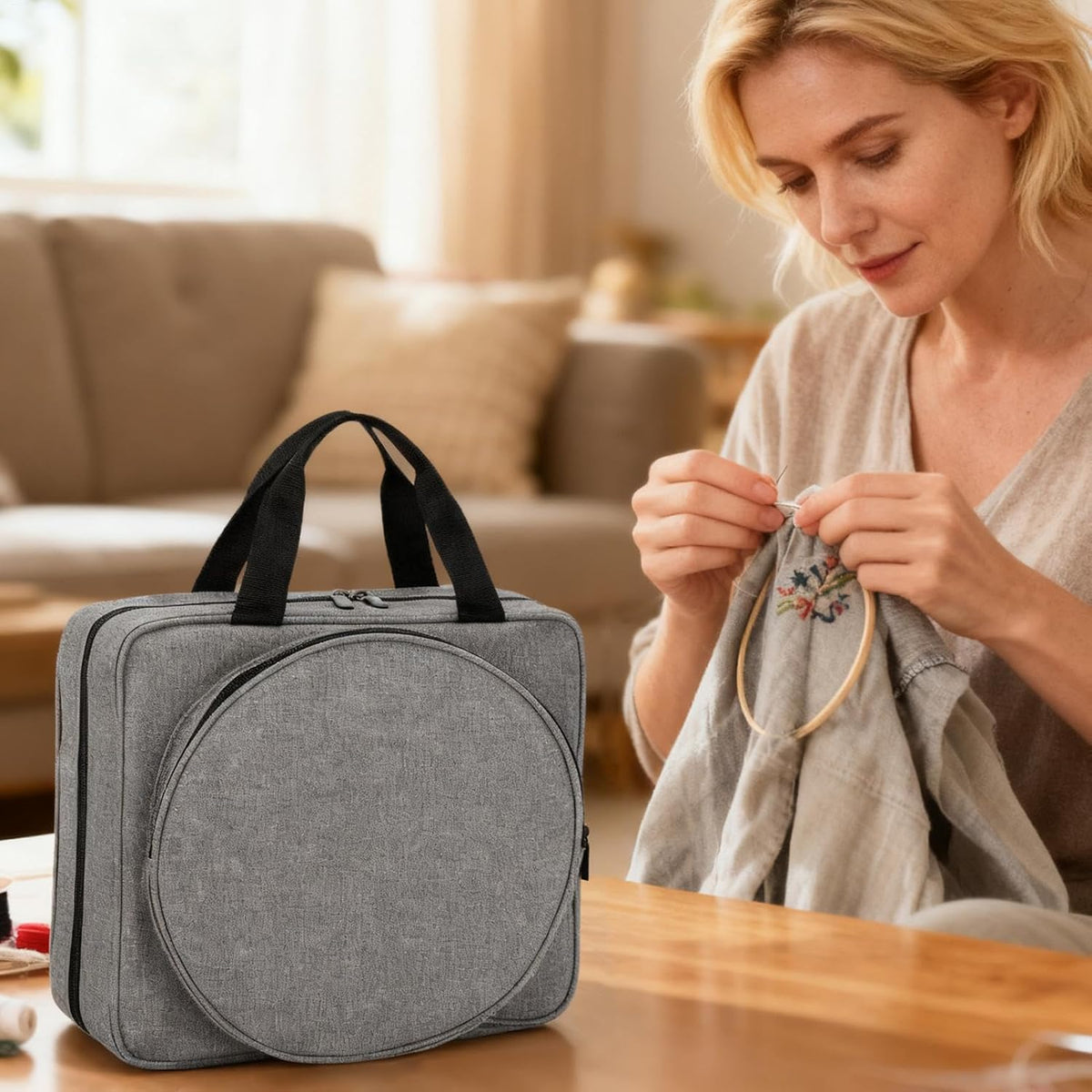 Embroidery Project Bag – Multi Pocket Holder, Round Sewing Case