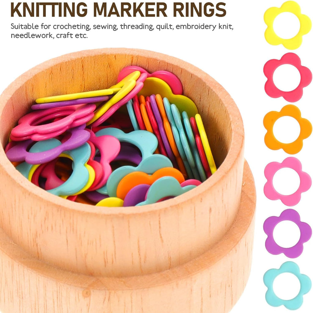 Knitting Stitch Markers Rings for DIY Crafters with Wooden Storage Box