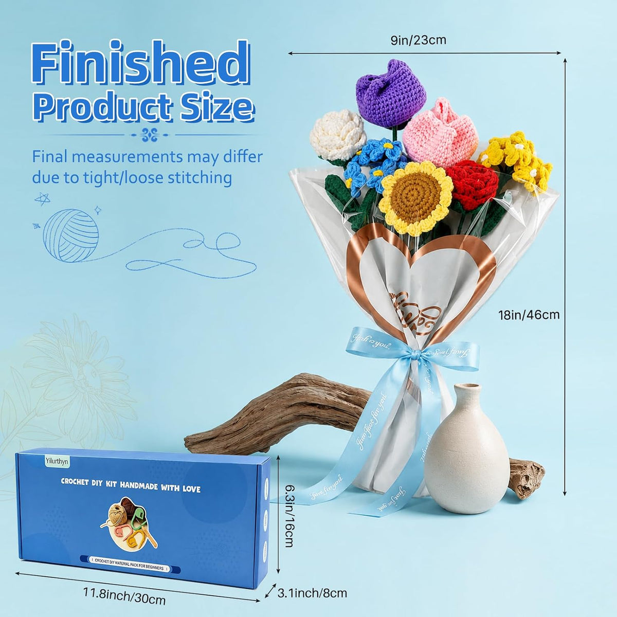 Yilurthyn Crochet Kit DIY Handmade Flower Rose Tulip Sunflower 7pcs