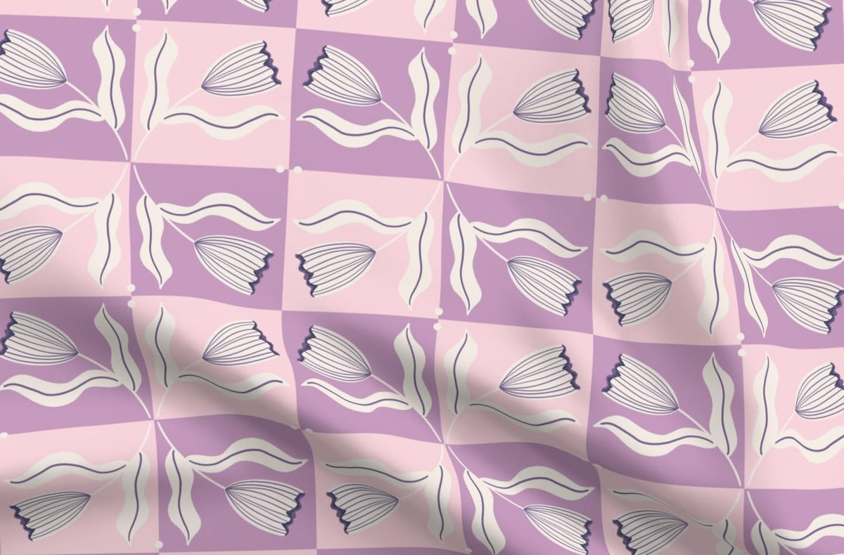 Spoonflower Fabric Modern Floral Check Pink on Essex Linen