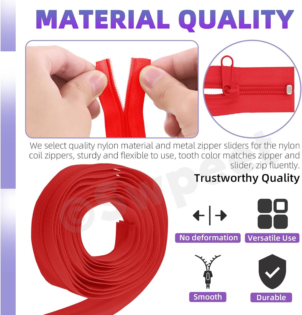 Swpeet 1Roll 10 Yard #5 Red Nylon Zipper Tape Zipper Strip with 20Pcs