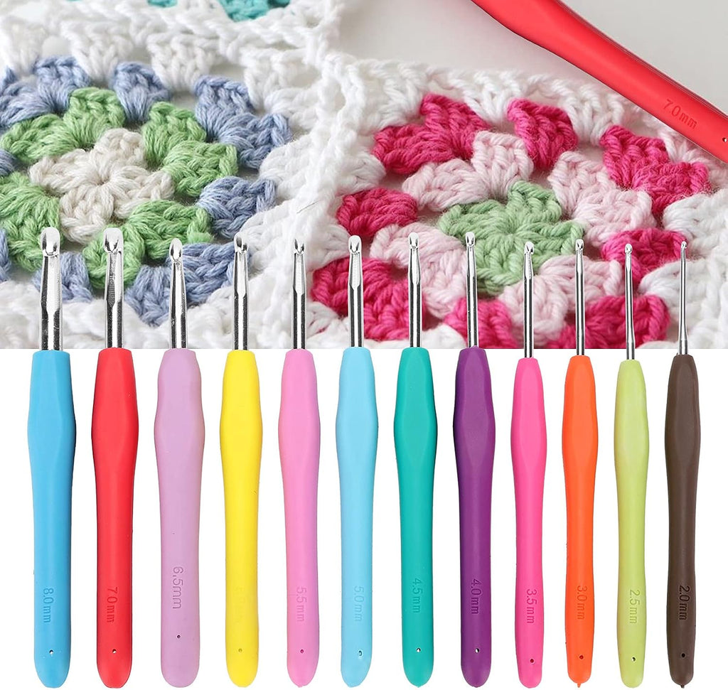 Adfaga 12Pcs Ergonomic Crochet Hooks Set with Soft TPR Handle Aluminum