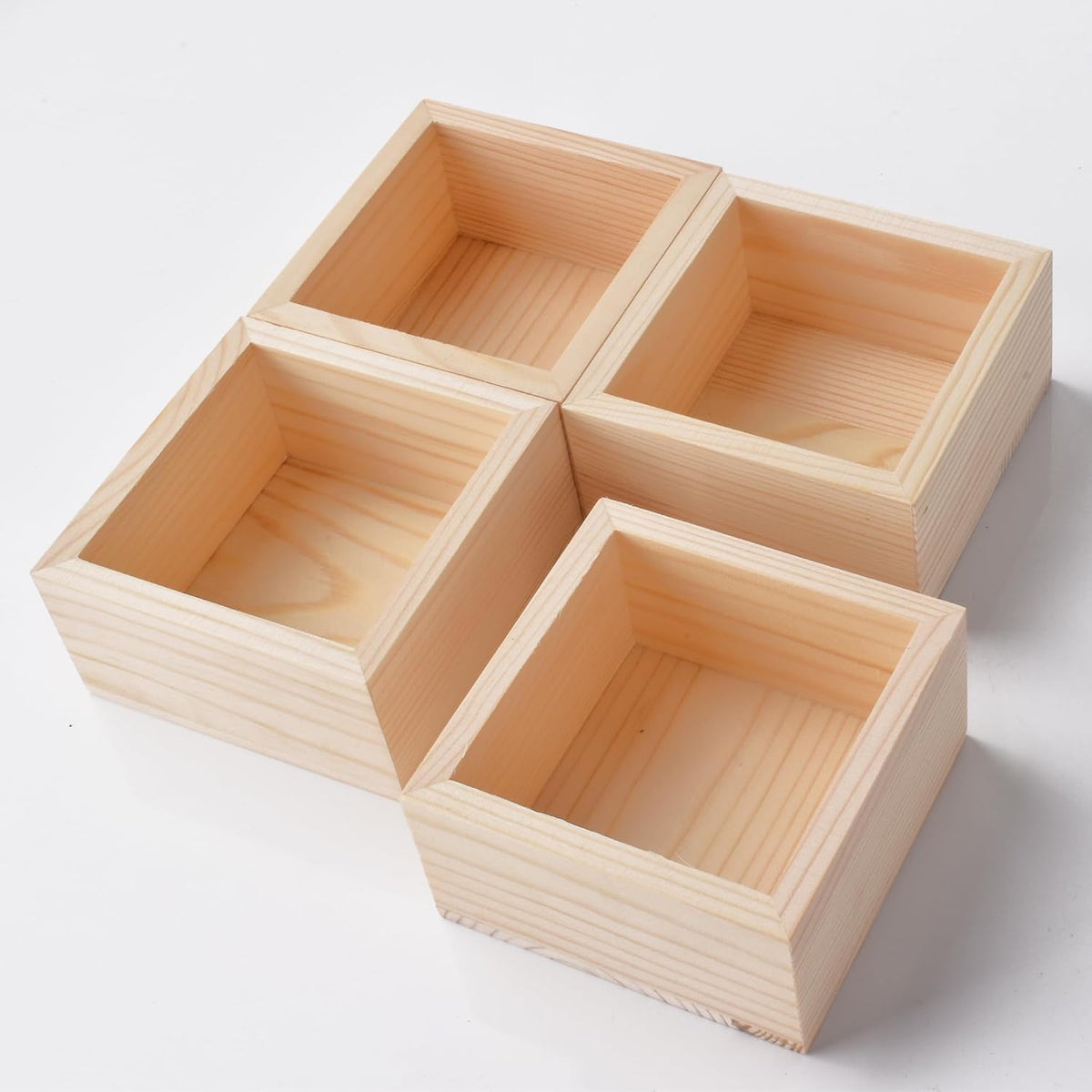 4 Pack Square Unfinished Pine Wood Storage Boxes, Natural Wooden