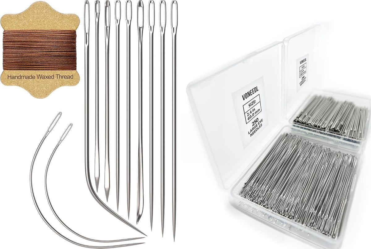 Waxed Sewing Thread (Brown Color), Heavy Duty Needles (11 PCS) Large
