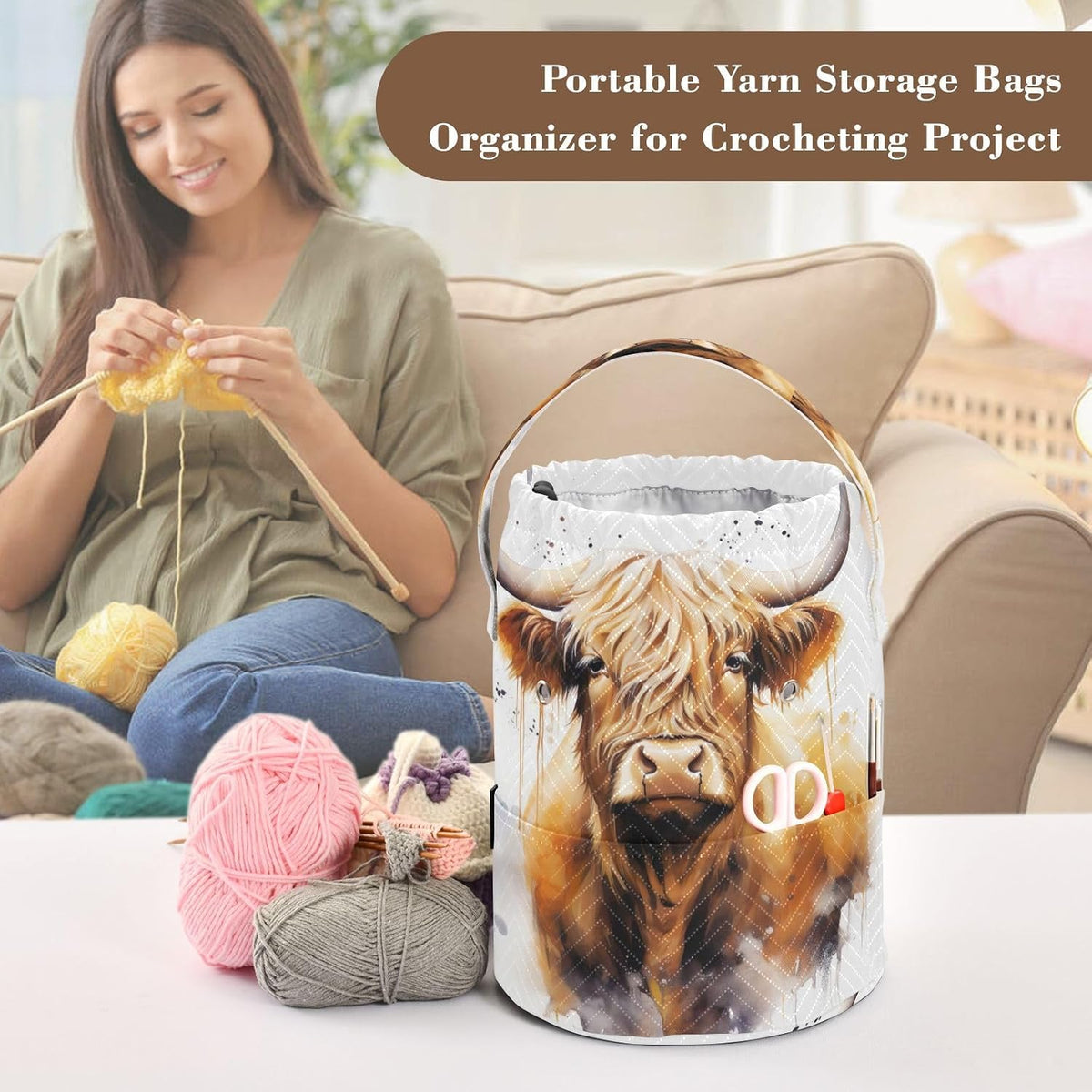 WELLDAY Highland Cow Portrait Crochet Bag Knitting Bag Yarn Storage