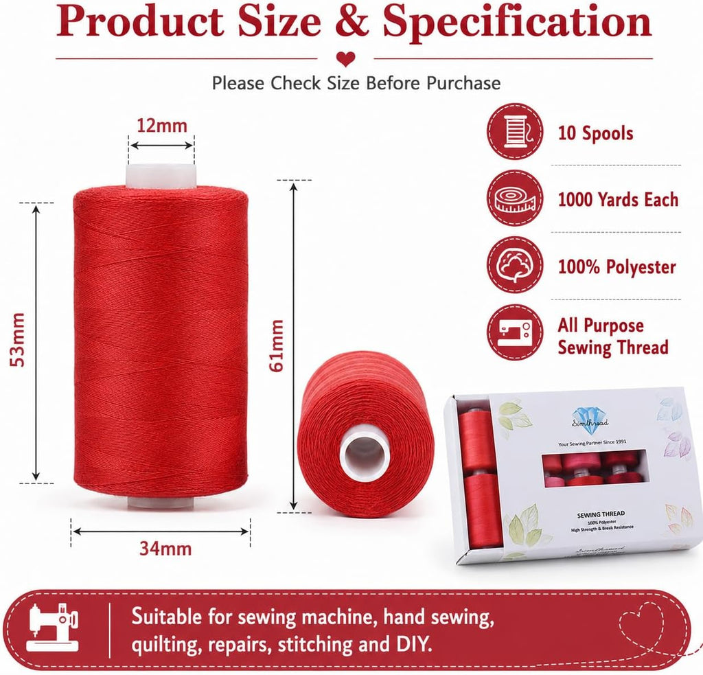 Simthread All Purpose Sewing Thread, 10 Spool Assorted Red Series