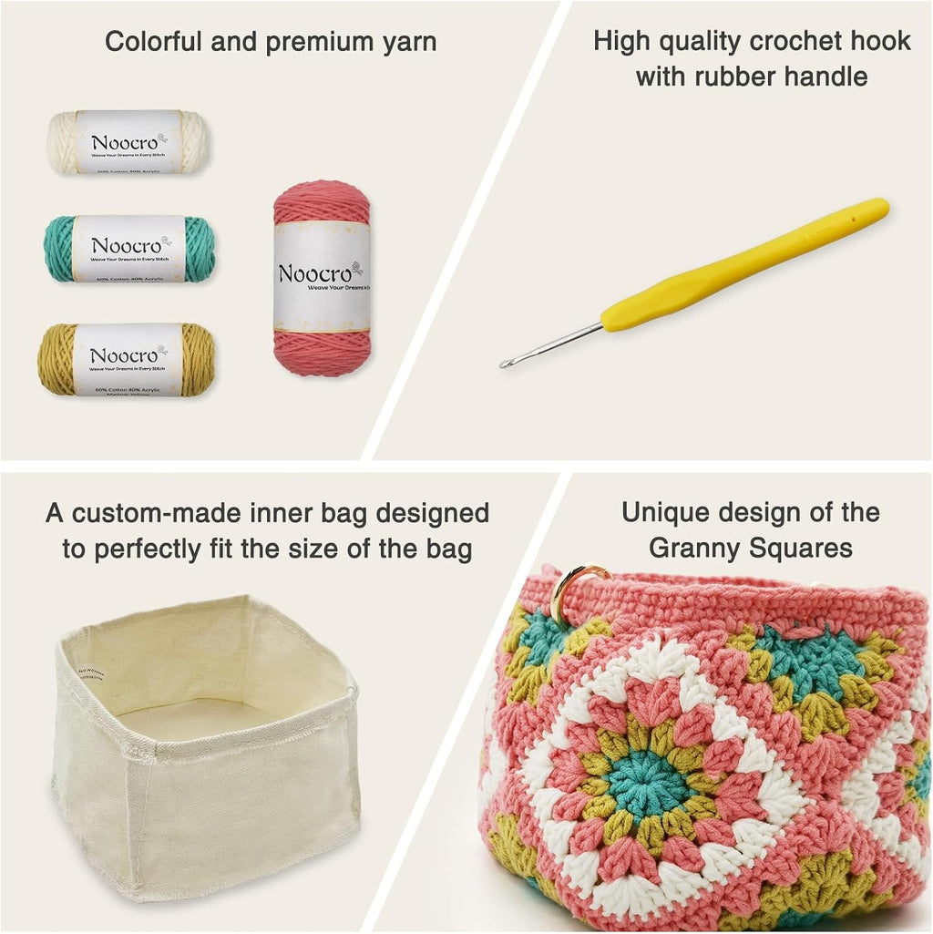 Noocro Crochet Kit Granny Square Shumai Bag, Purse, Complete DIY Kit