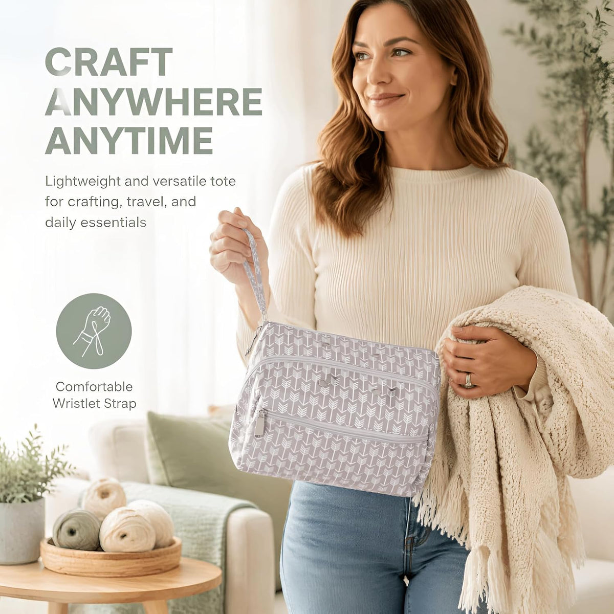 Knitting Bag, Gray Oxford Yarn Storage Organizer for Yarn Skeins