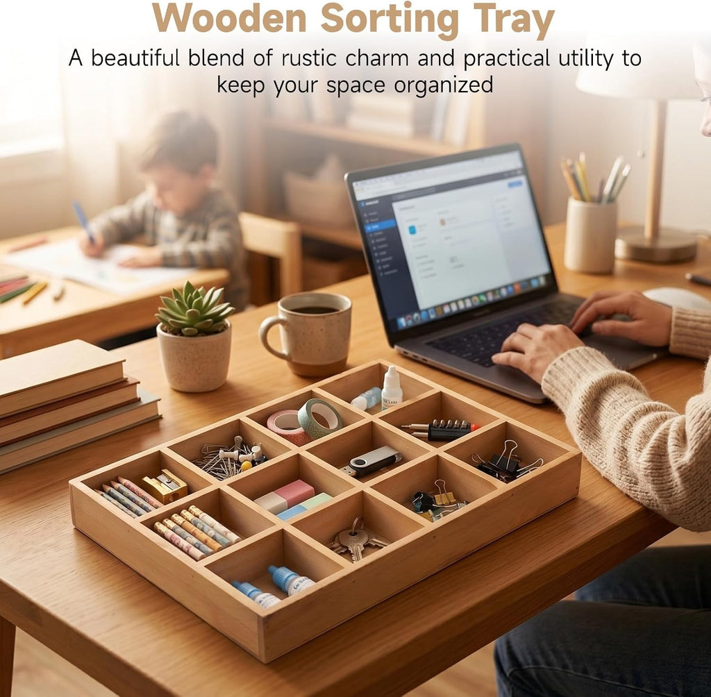 2 Pack Wooden Sorting Trays, 12-Compartment Organizer Boxes