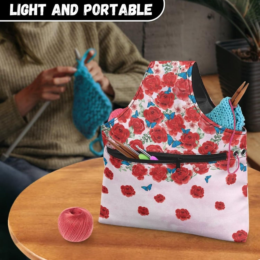 Viewamoon Sewing Kit Storage Bag Pink Red Rose Flower Blue Butterfly