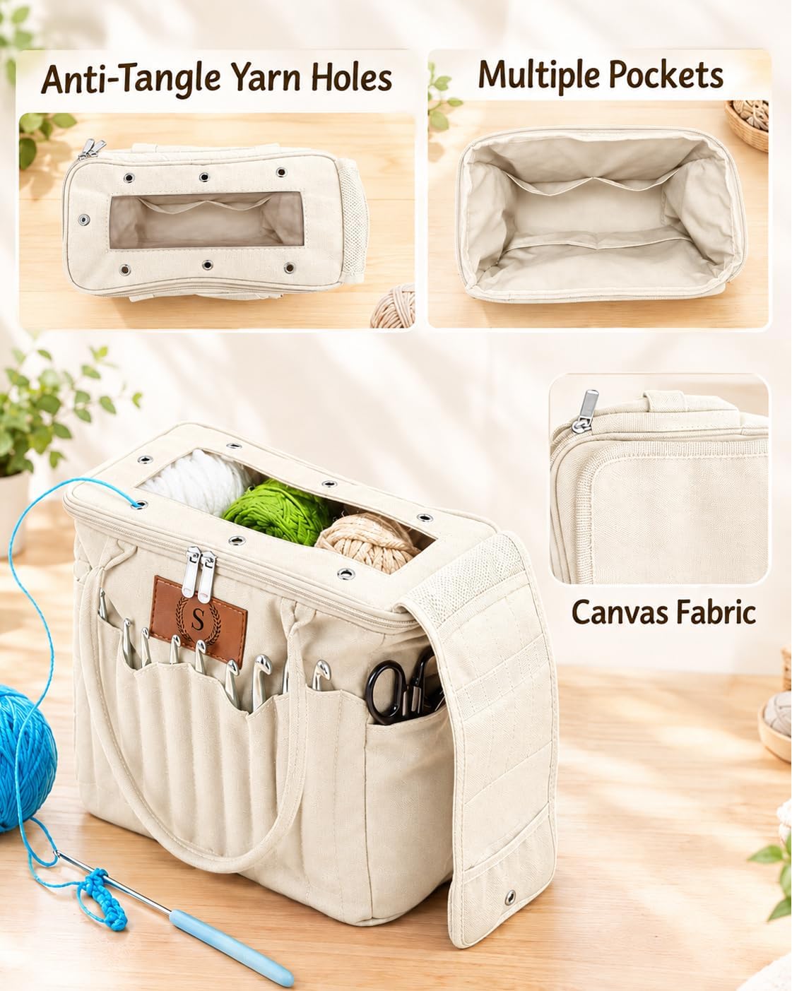 Crochet Bag Organizer for Yarn, Canvas Tote, White, Women Crocheters