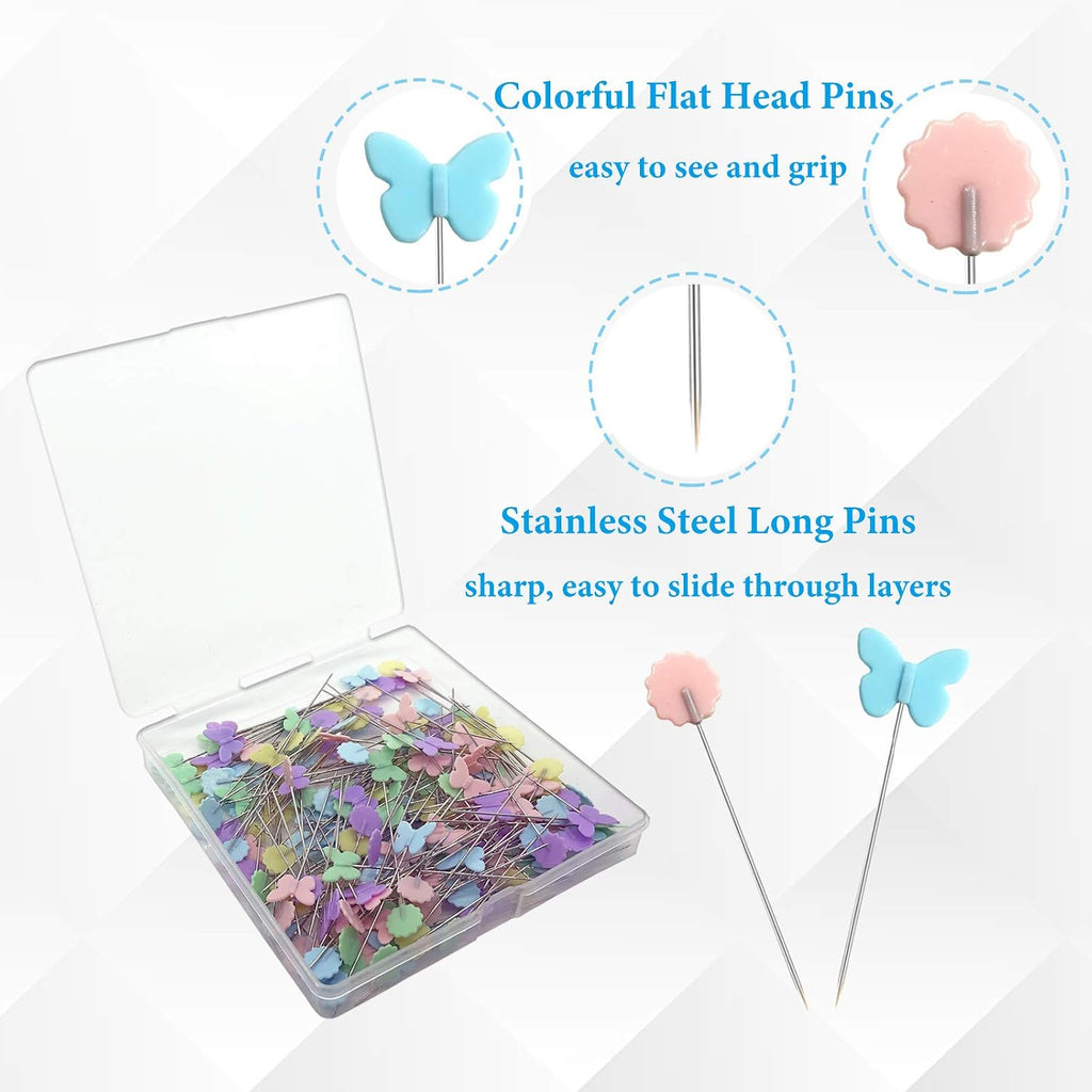 Hovesty 200pcs Sewing Pins Flat Head Straight Pins with Butterfly and