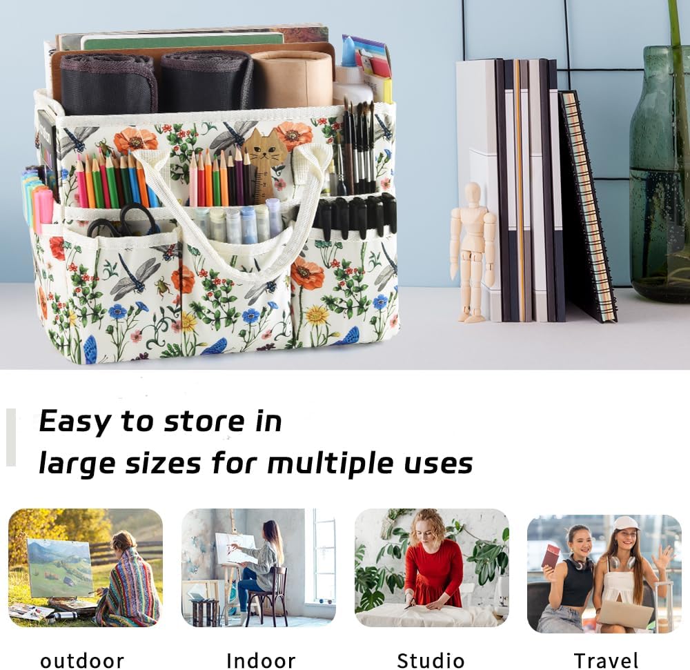 E-WEICHEN Craft Organizer Tote Bag with Multiple Pockets,Dragonfly