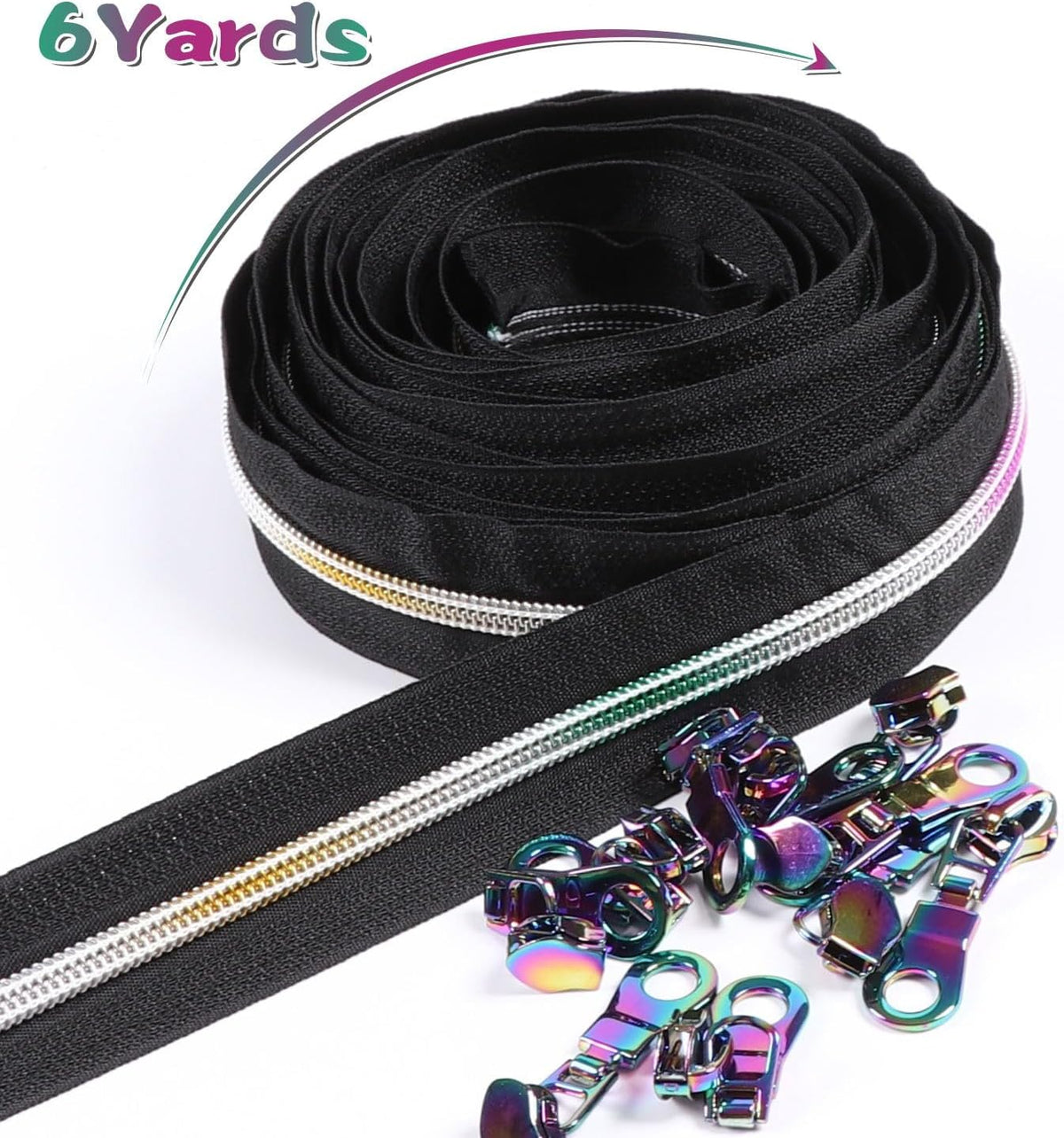 #5 Rainbow Zipper Tape By the Yard with Pulls-6 Yards with 10 Pcs