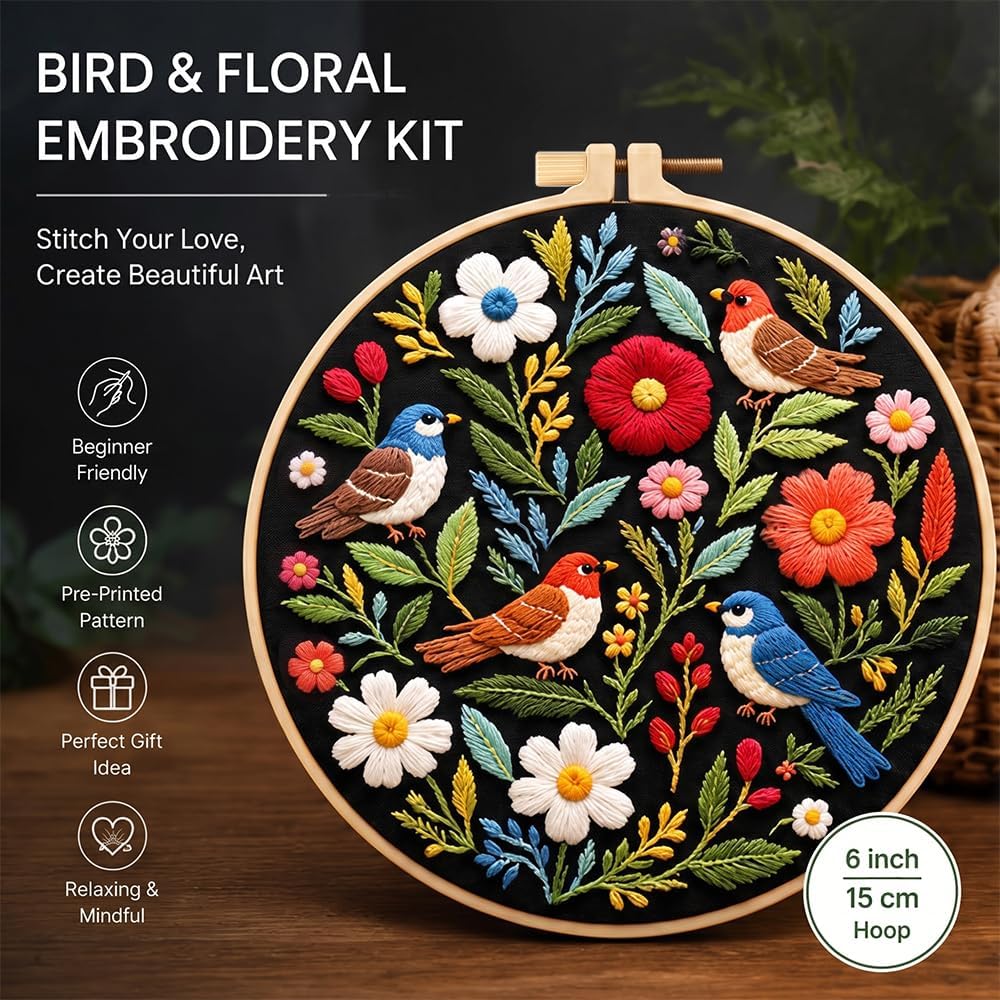 Bird Embroidery Kit for Beginners, Floral Hand Embroidery Starter Kit