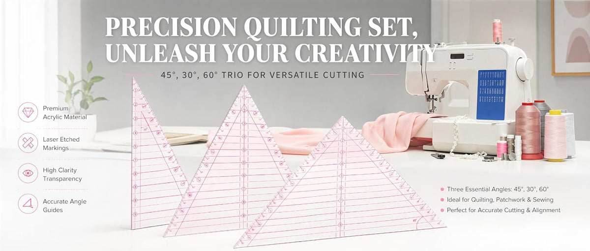 3 Pcs Pink Triangle Quilting Ruler Set - 10 Inch 30 45 60 Degree