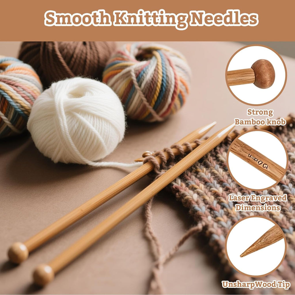 7 Pairs Bamboo Knitting Needles Set, Straight Single Pointed Wooden