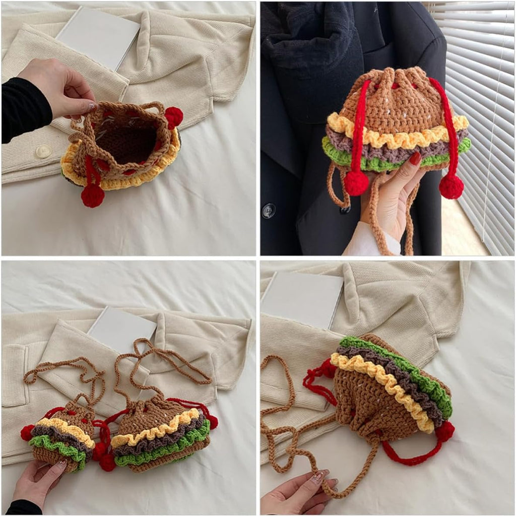 Handmade Knit Drawstring Crossbody Bag for Women and Students Travel