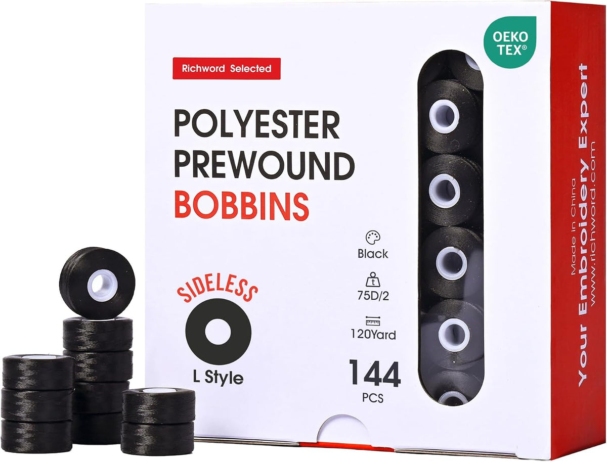 Poolin Prewound Bobbins, Richword Selected Black SideLess 144pcs Size
