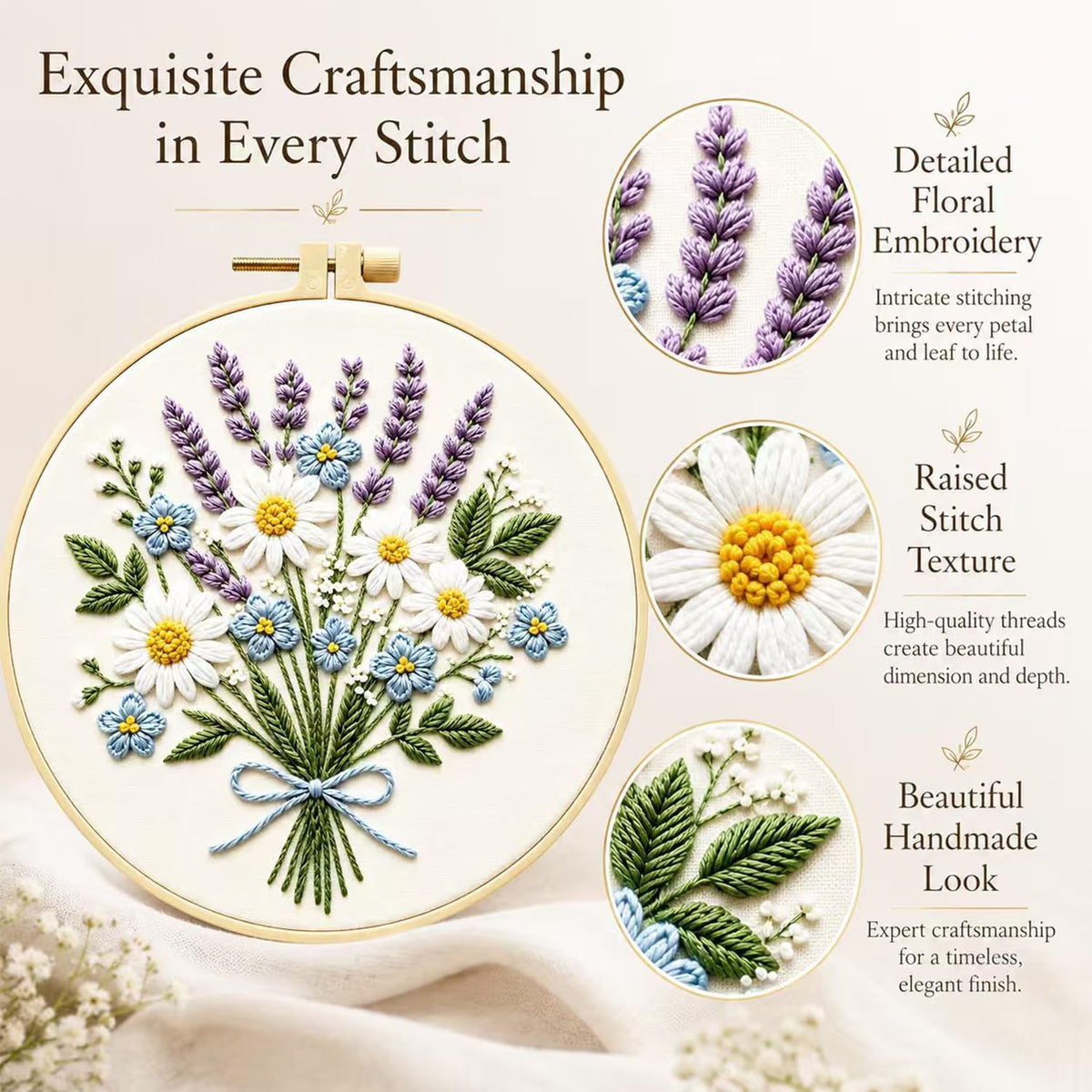 Daisy Lavender Embroidery Kit for Beginners, DIY Floral Craft Set