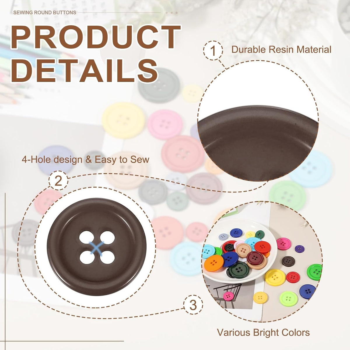uxcell 22Pcs 3/5"(15mm) Brown Round Resin Button for Handmade Sewing