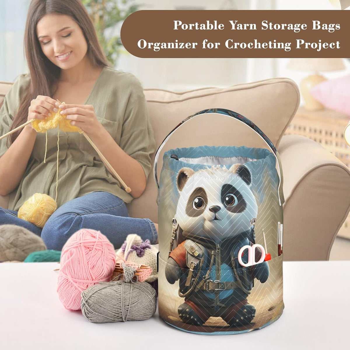 YETTASBIN Panda Yarn Storage Bag, Large Crochet Knitting Bag Organizer
