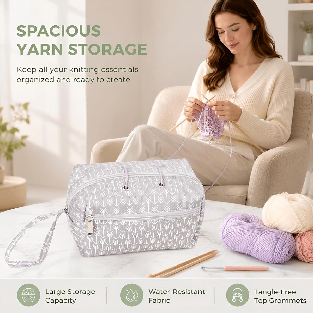 Knitting Bag, Gray Oxford Yarn Storage Organizer for Yarn Skeins