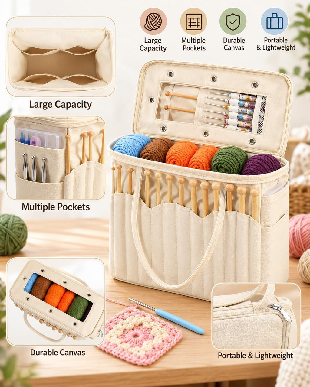 Crochet Bag Organizer for Yarn, Canvas Tote, White, Women Crocheters