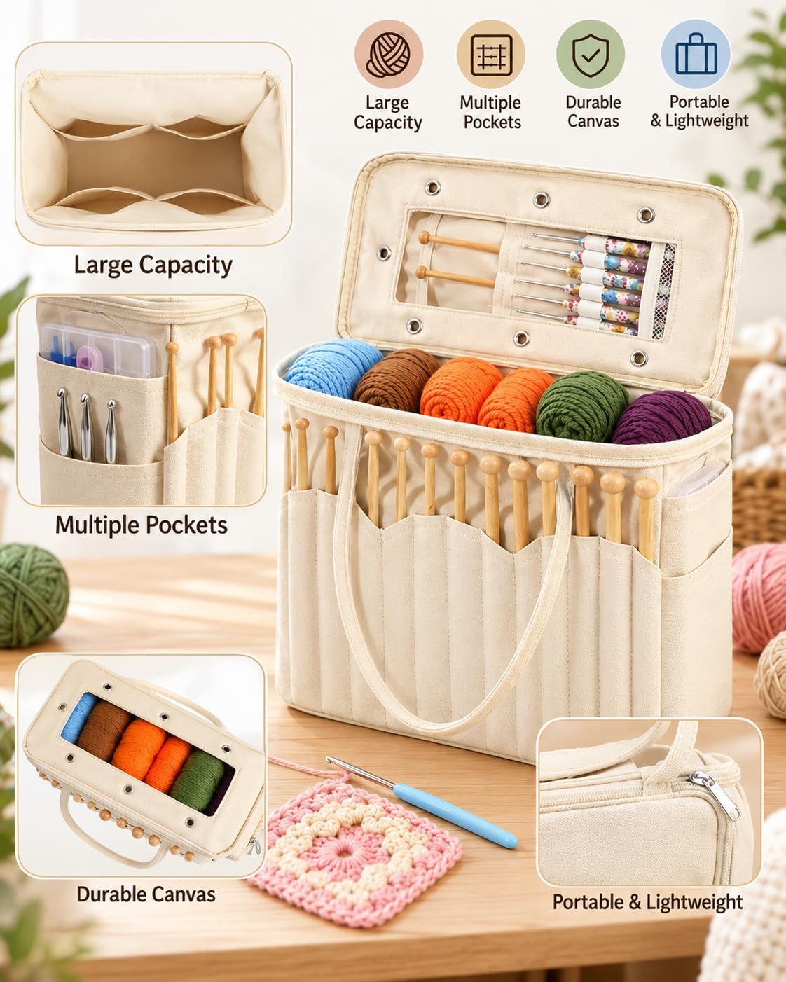 Crochet Bag Organizer for Yarn, Canvas Tote, White, Women Crocheters
