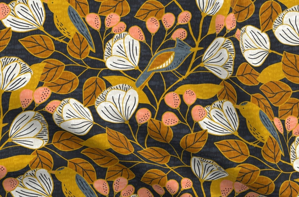 Spoonflower Fabric Dark Floral Mustard Gold on Essex Linen
