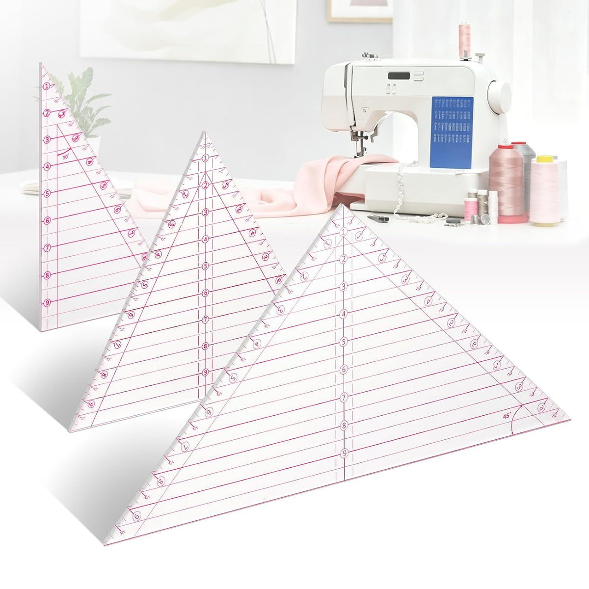 3 Pcs Pink Triangle Quilting Ruler Set - 10 Inch 30 45 60 Degree