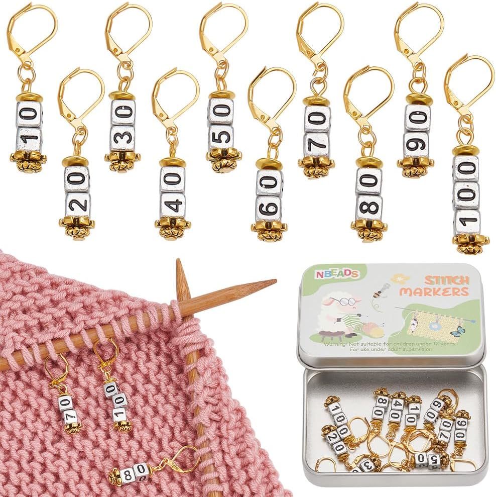 NBEADS 10 Pcs Number 10-100 Acrylic Beads Stitch Markers, Square