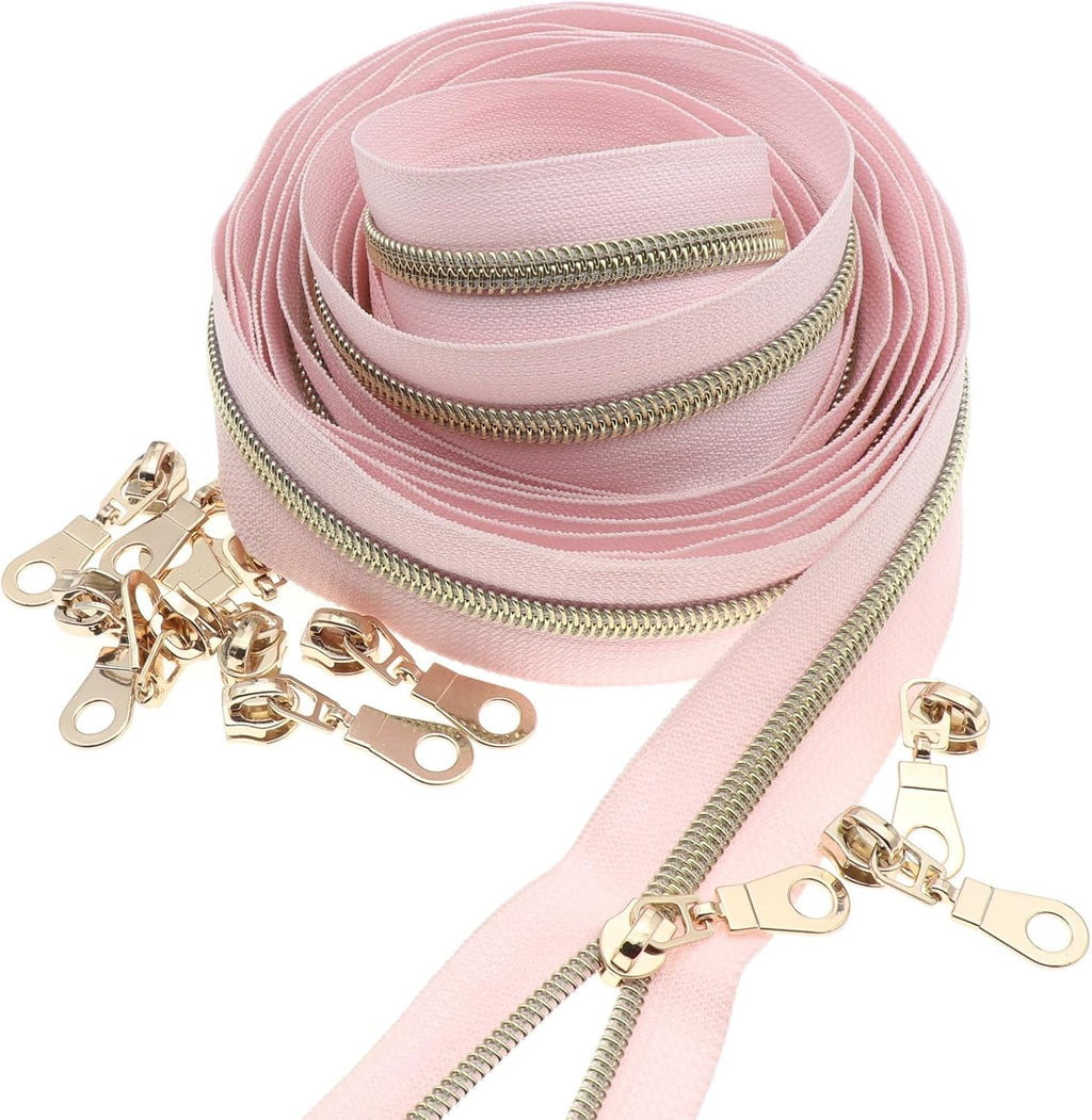 Leekayer #5 Nylon Zippers Bulk 5 Yards Light Gold Teeth Zipper Pink