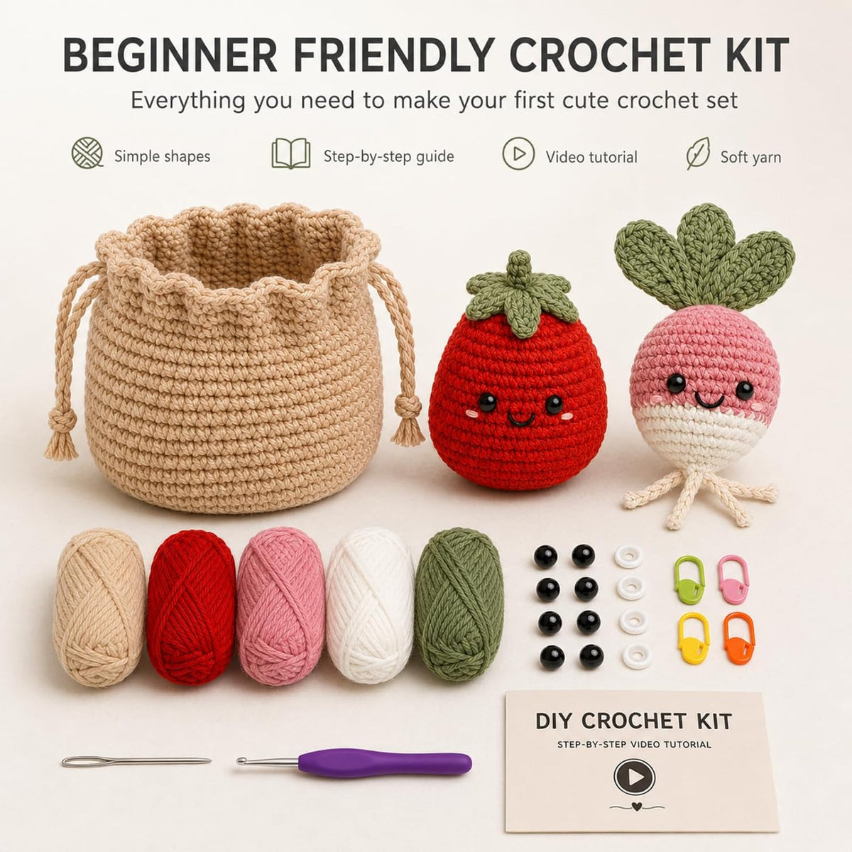 Yang Tuanjie Crochet Kit for Beginners, Strawberry Radish Basket Set