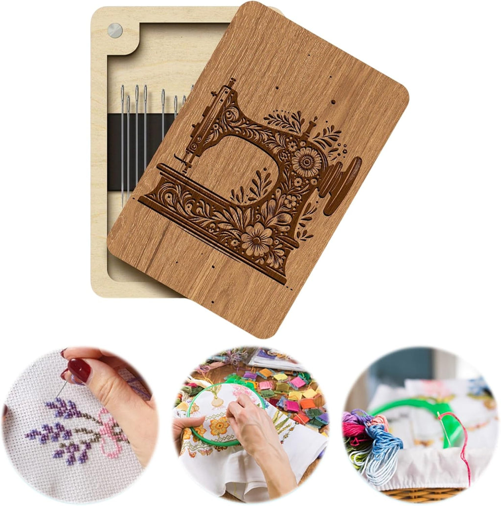 Wooden Needle Case with Built in Magnet and Lid for Sewing