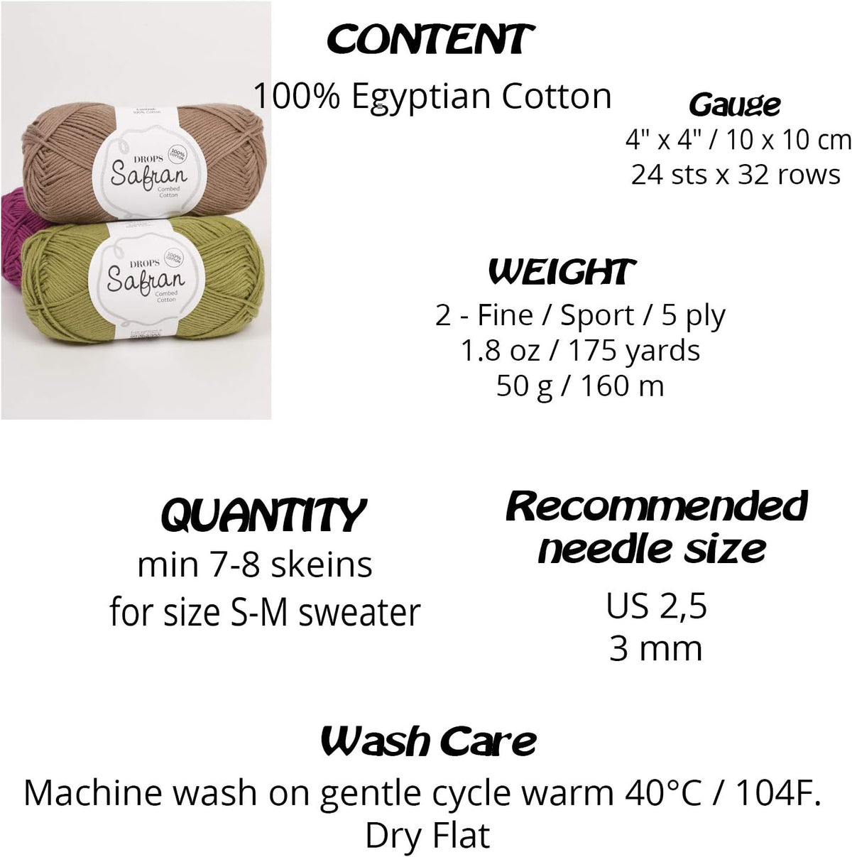 100% Egyptian Cotton Yarn for Knitting and Crocheting, Drops Safran