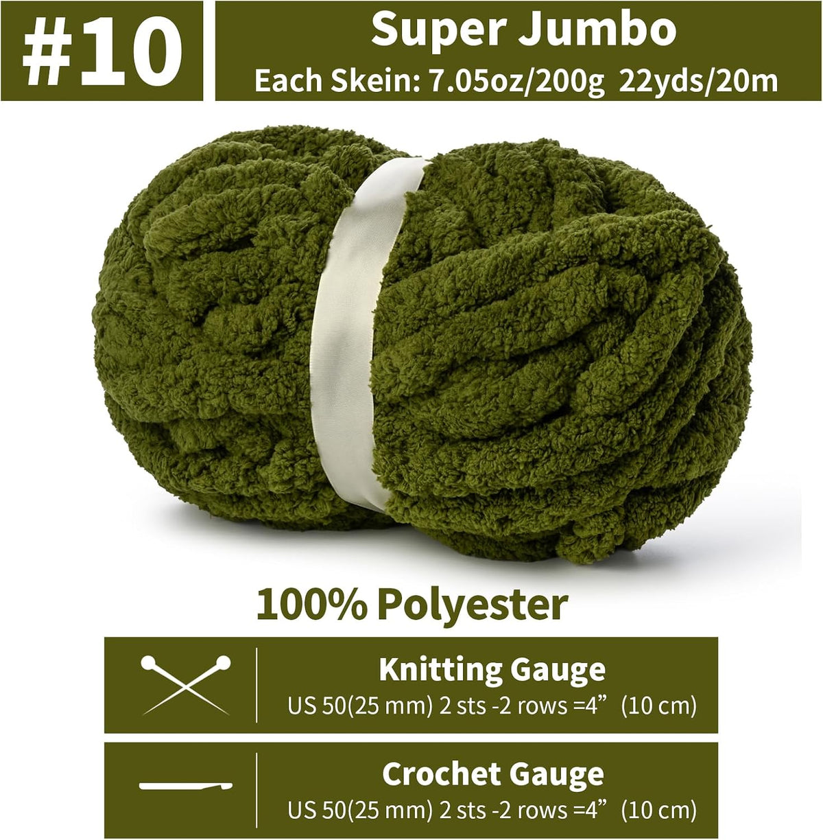 Chunky Jumbo Chenille Yarn #10 Olive Green 10 Pack