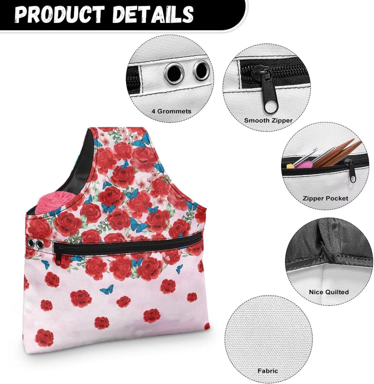 Viewamoon Sewing Kit Storage Bag Pink Red Rose Flower Blue Butterfly