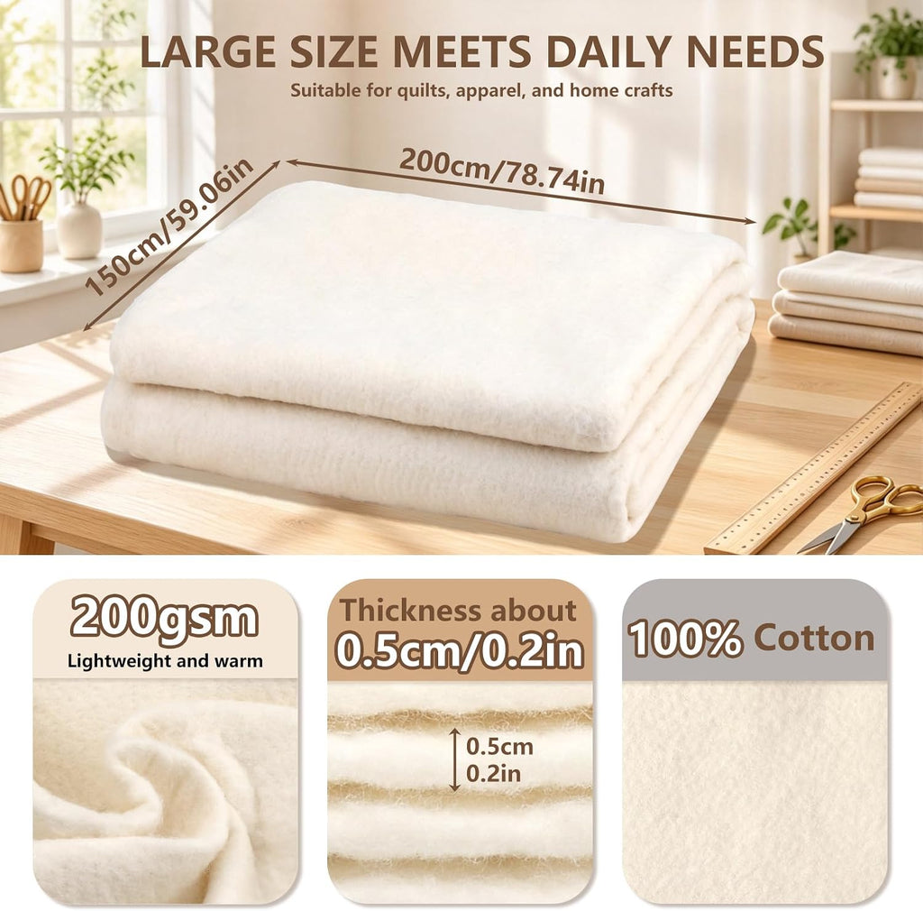 Lunarm 100% Natural Cotton Quilt Batting 59" x 79" 200gsm Grinding