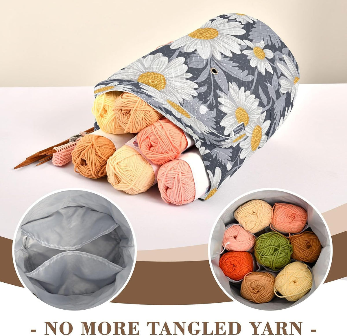 YETTASBIN Daisy Flower Yarn Storage Bag, Large Crochet Knitting Bag
