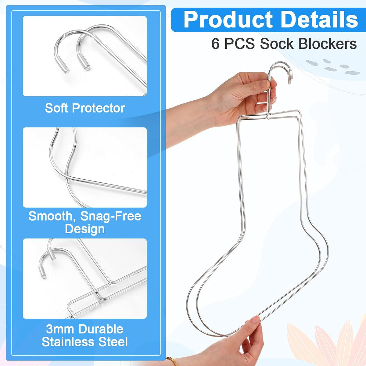 6 Pcs (3 Pairs) Stainless Steel Sock Blockers - Small, Medium, Large