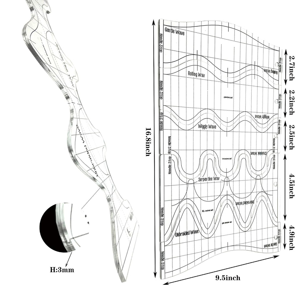 Wave Ruler for Quilting: 3mm Thick Acrylic Template for Sewing