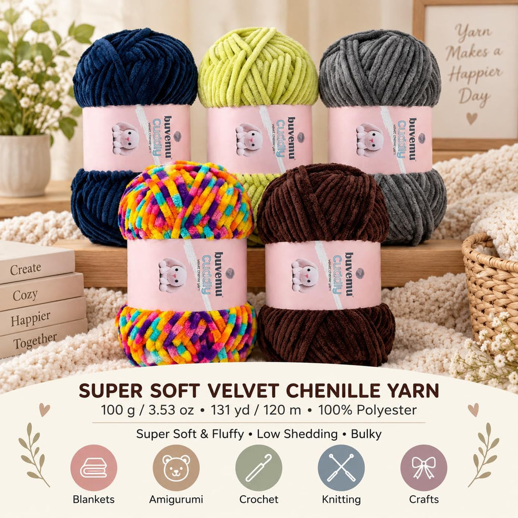 Cuddly Velvet Chenille Yarn, Super Soft Bulky, Rainbow