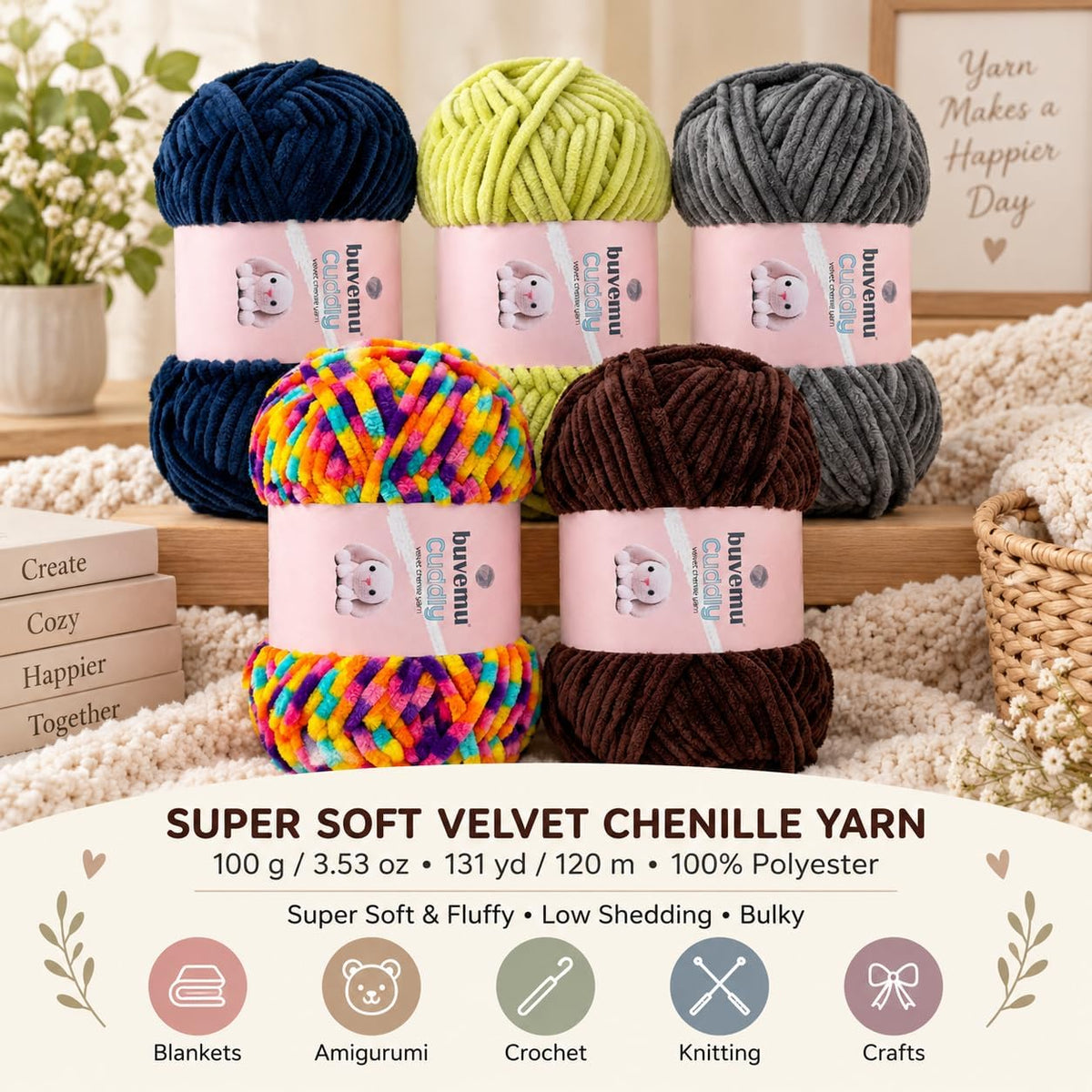 Cuddly Velvet Chenille Yarn, Super Soft Bulky, Rainbow