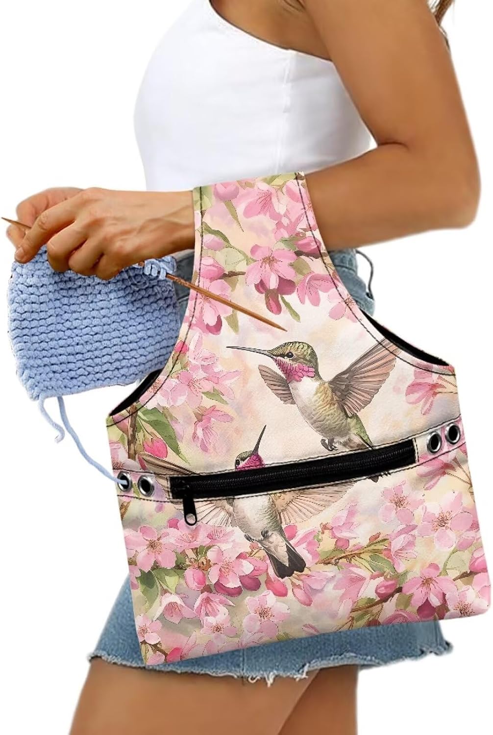 Snilety Pink Floral Embroidery Project Carrying Bag Hummingbird