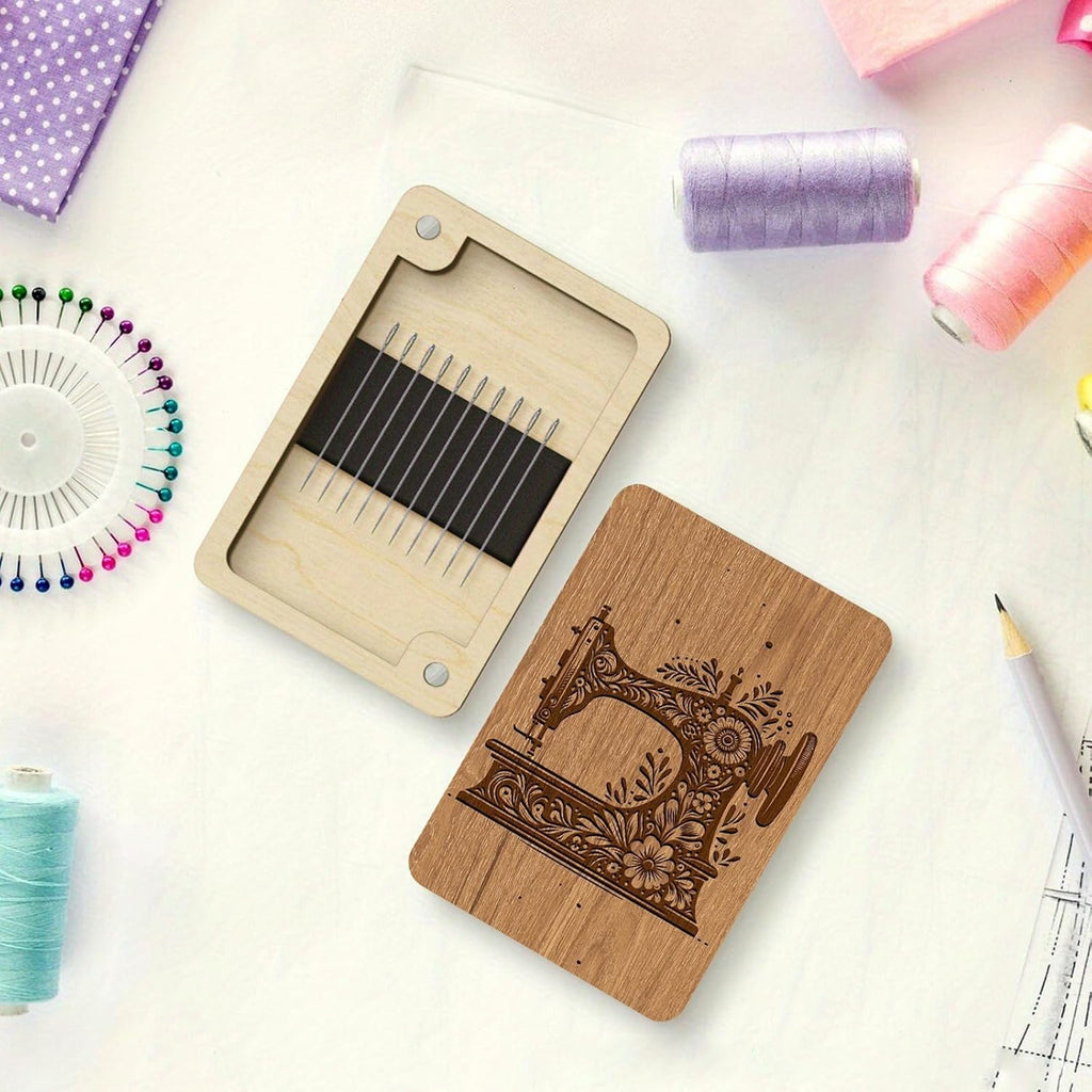 Wooden Needle Case with Built in Magnet and Lid for Sewing