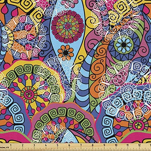 Ambesonne Mandala Fabric by The Yard, Colorful Abstract Sixties