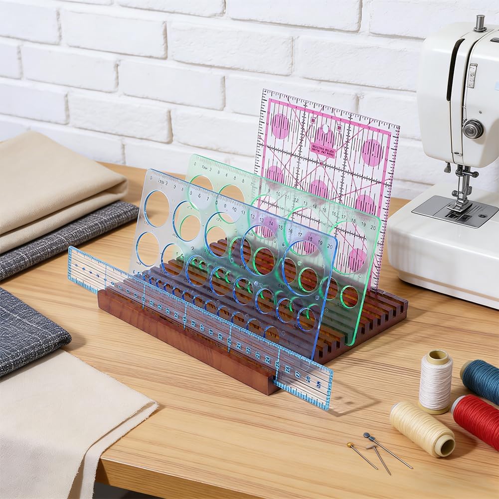 PH PandaHall 16 Slots Quilting Ruler Storage Rack, Pinewood Ruler